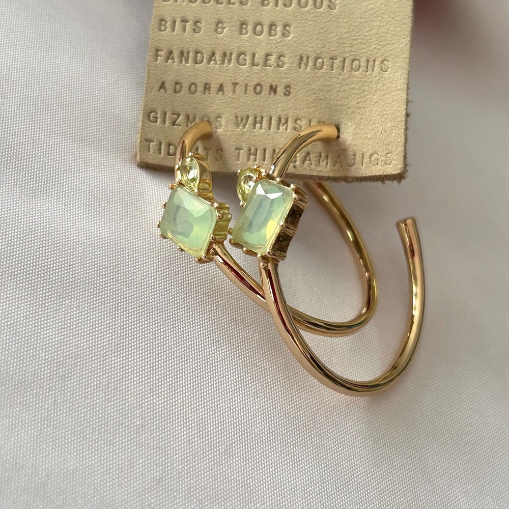 Anthropologie Mint Green Stone Gold Hoop Earrings Pale Green Stones - Picture 3 of 8